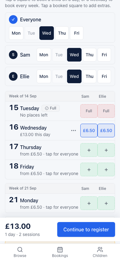 A parent's phone, booking Wednesday for Sam and Ellie at £13.00, with Tuesday shown as full